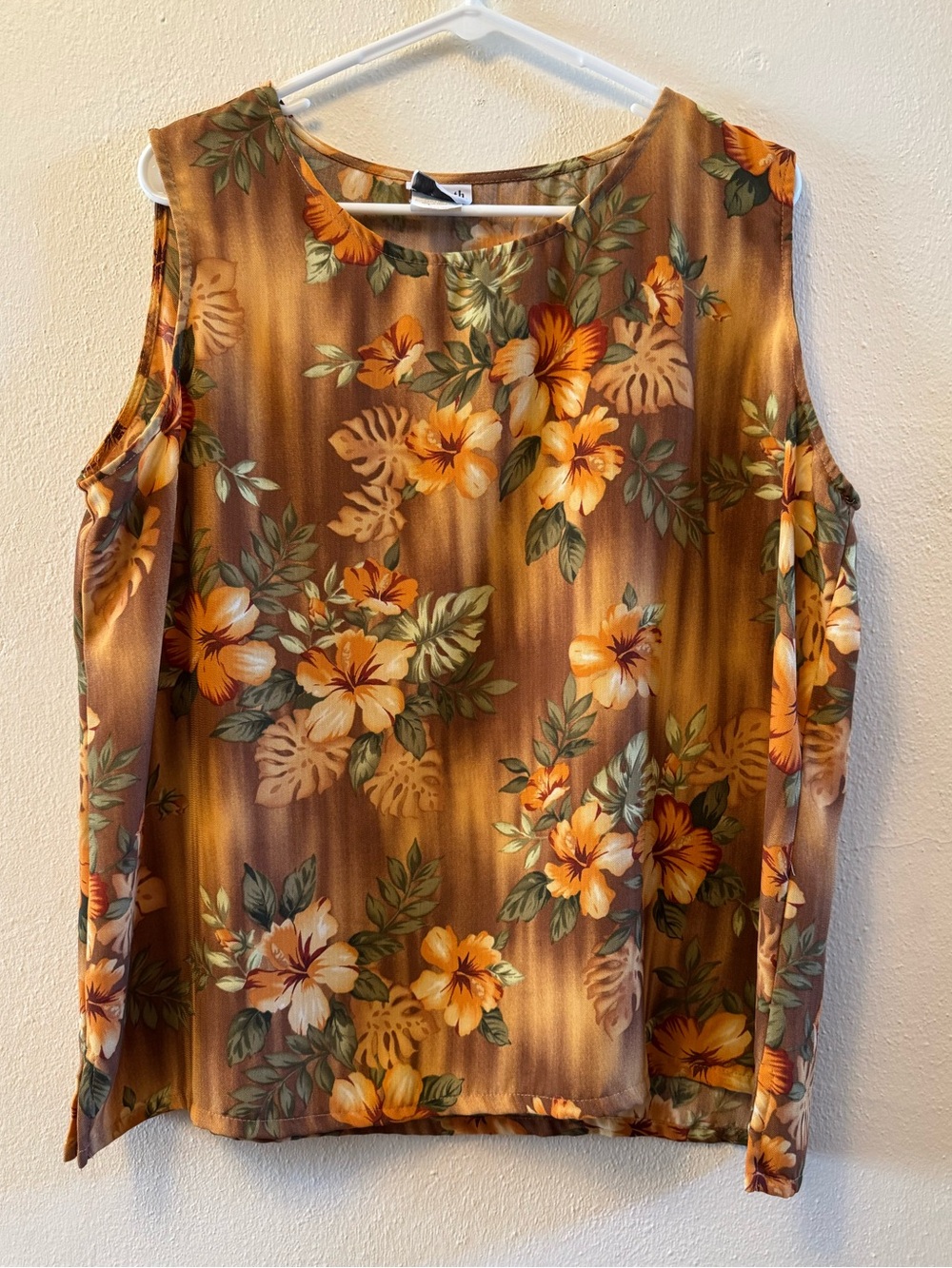 Vintage 90s Brown & Orange Tropical Hibiscus Sleeveless Blouse - Size L Petite